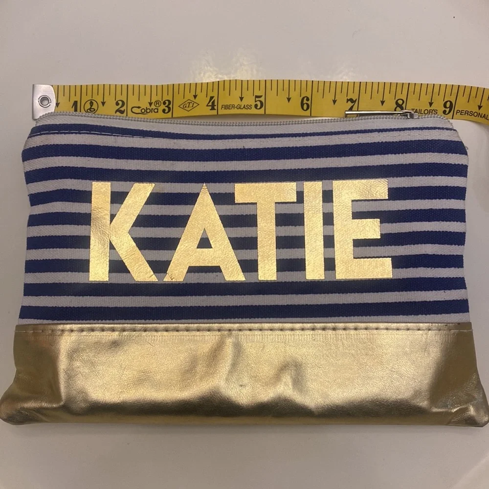 Katie Customized Cosmetic Bag Blue/White Stripe with Gold Accents GUC 9x6